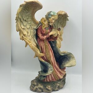 Vintage Renaissance Style Resin Angel Sculpture Plays a Lyre Musical Instrument